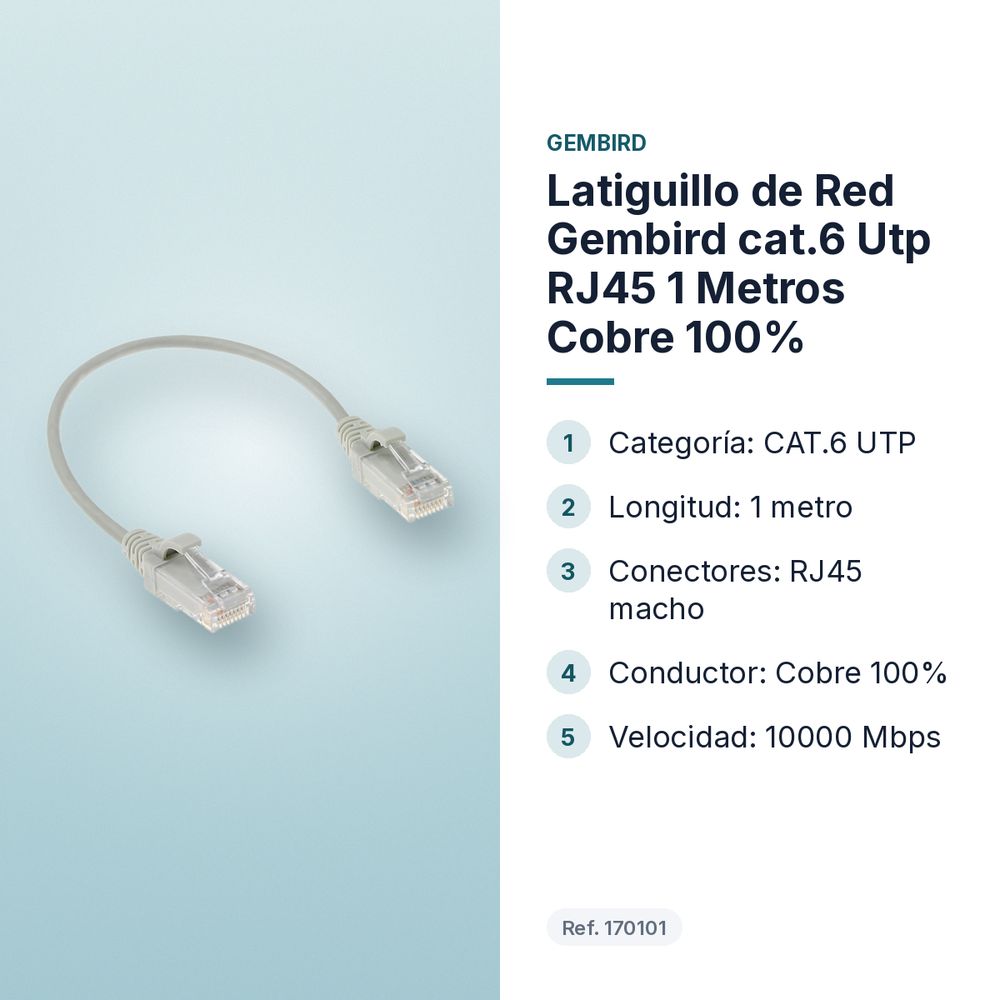 LATIGUILLO DE RED GEMBIRD CAT.6 UTP RJ45 1 METROS COBRE 100% - características principales
