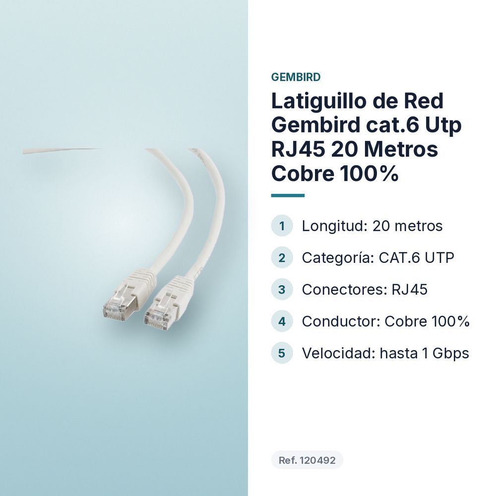 LATIGUILLO DE RED GEMBIRD CAT.6 UTP RJ45 20 METROS COBRE 100% - características principales