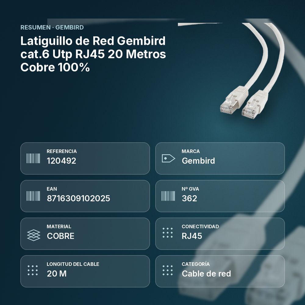 LATIGUILLO DE RED GEMBIRD CAT.6 UTP RJ45 20 METROS COBRE 100% - resumen de atributos