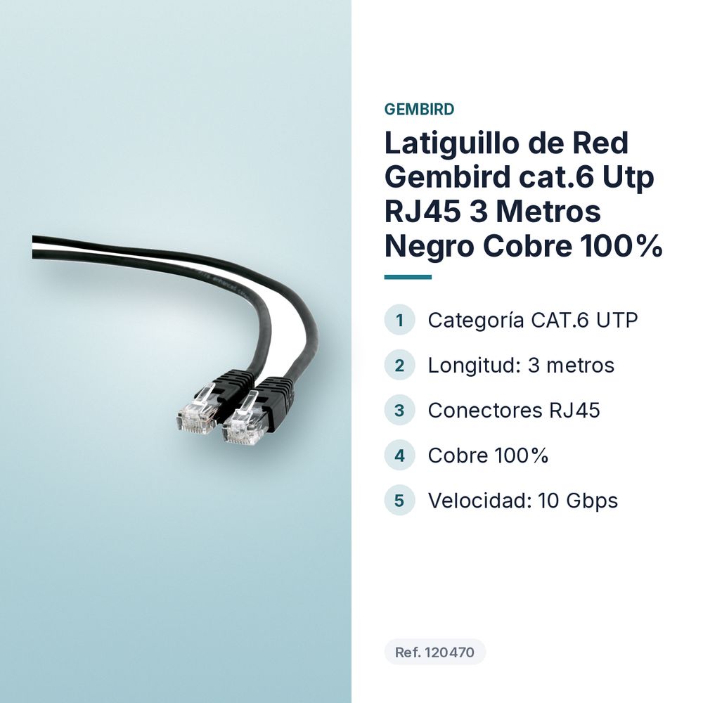 LATIGUILLO DE RED GEMBIRD CAT.6 UTP RJ45 3 METROS NEGRO COBRE 100% - características principales