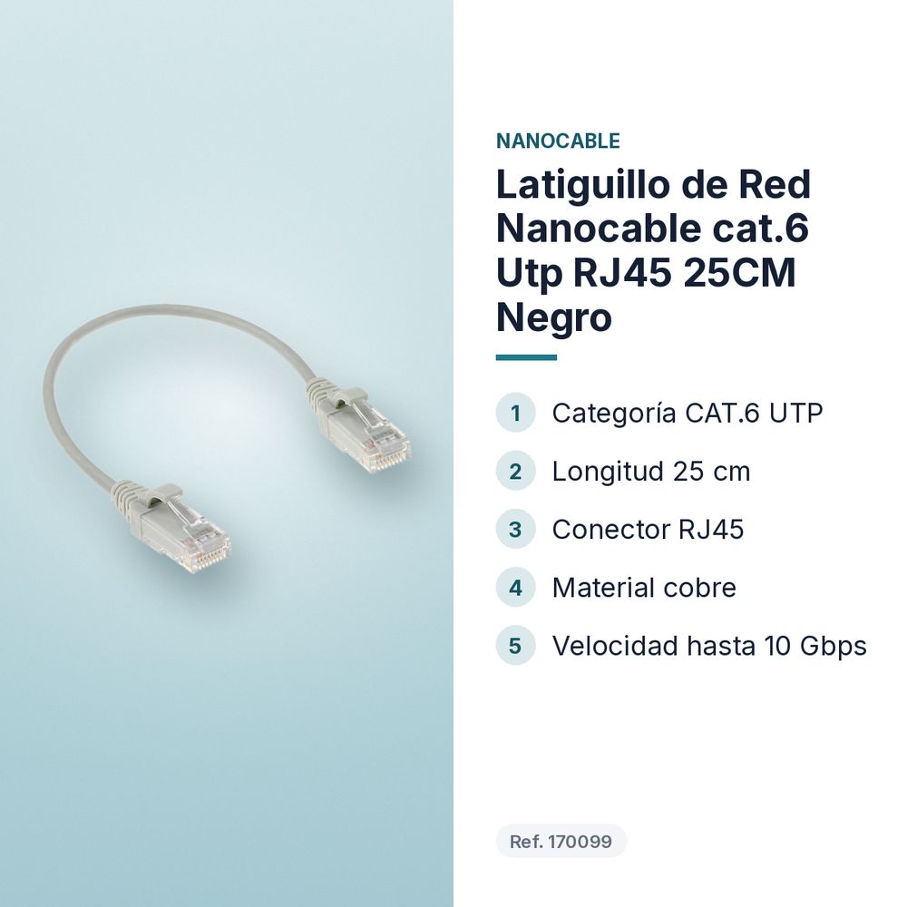 LATIGUILLO DE RED NANOCABLE CAT.6 UTP RJ45 25CM NEGRO - características principales
