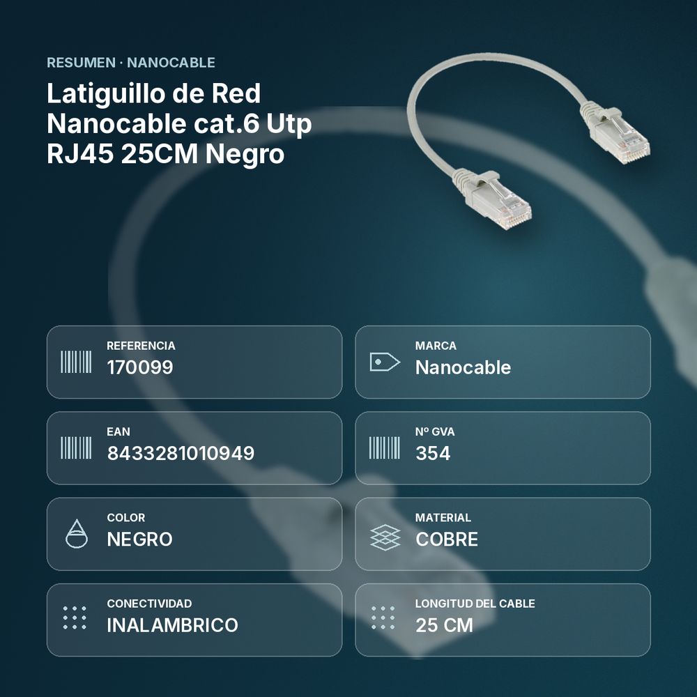 LATIGUILLO DE RED NANOCABLE CAT.6 UTP RJ45 25CM NEGRO - resumen de atributos