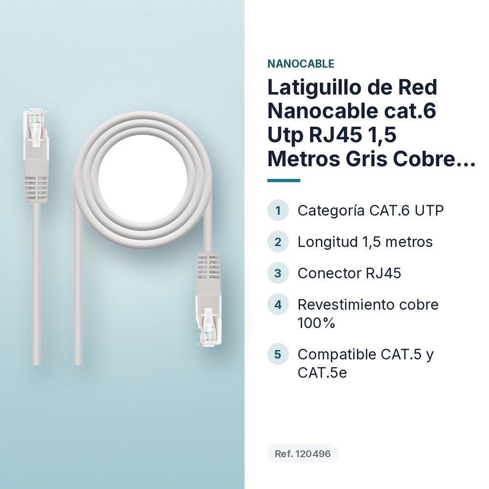 LATIGUILLO DE RED NANOCABLE CAT.6 UTP RJ45 1,5 METROS GRIS COBRE 100% - características principales