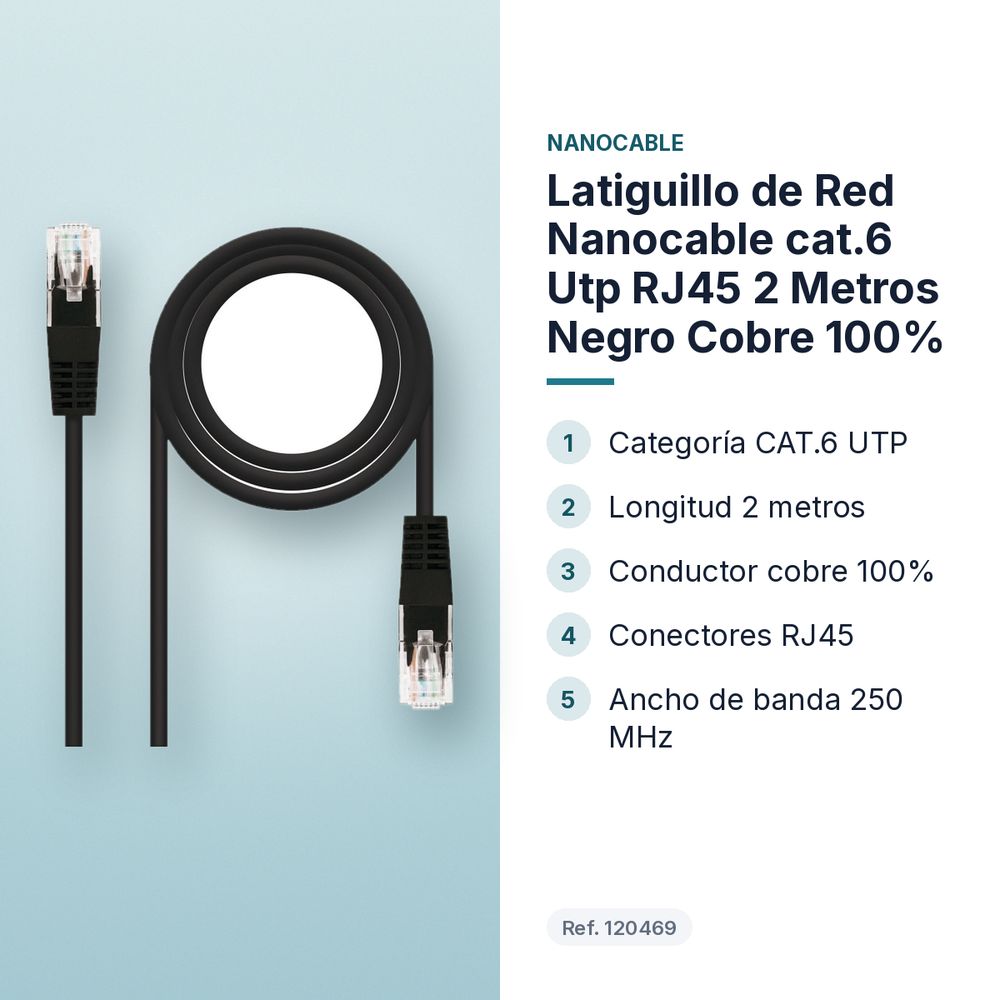 LATIGUILLO DE RED NANOCABLE CAT.6 UTP RJ45 2 METROS NEGRO COBRE 100% - características principales