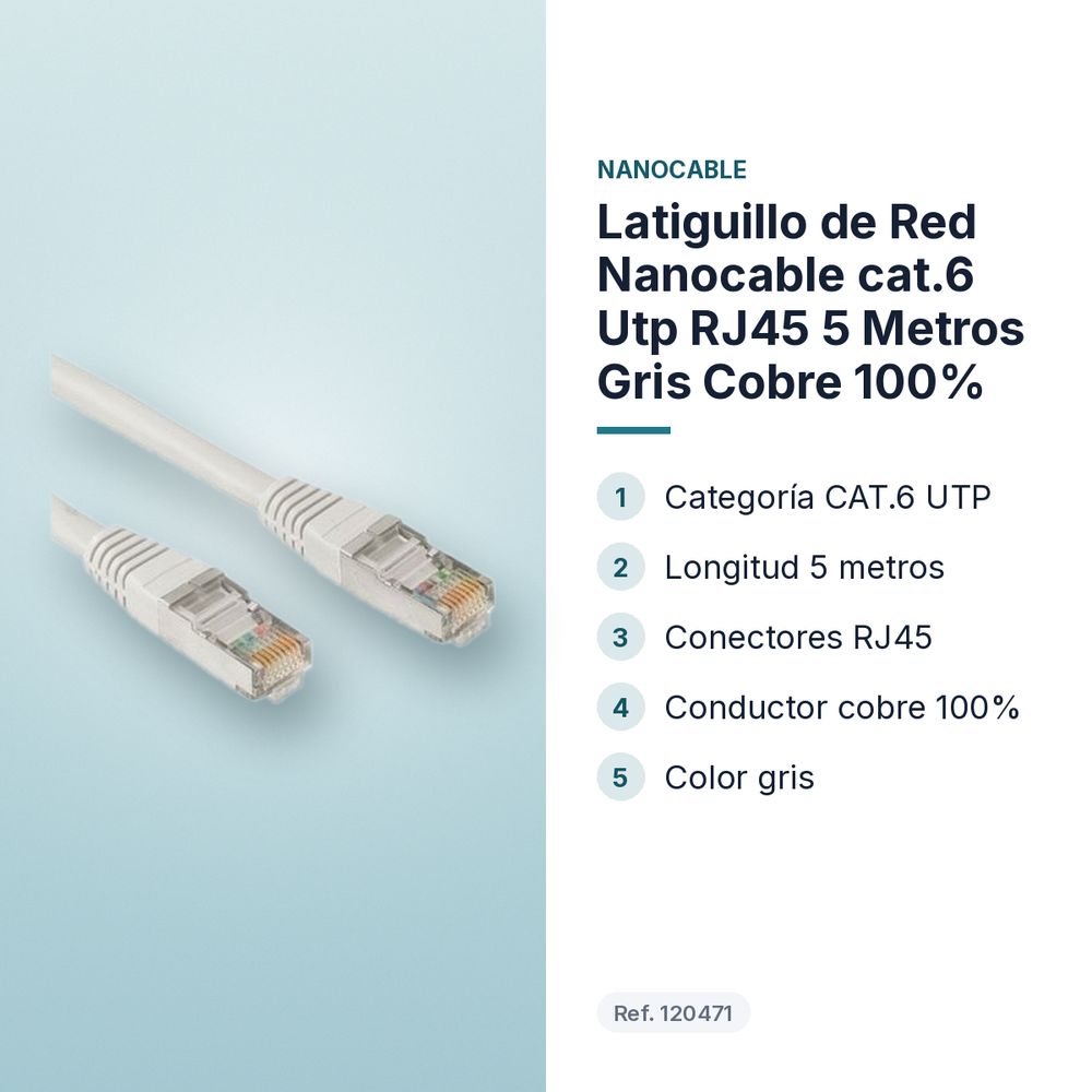 LATIGUILLO DE RED NANOCABLE CAT.6 UTP RJ45 5 METROS GRIS COBRE 100% - características principales
