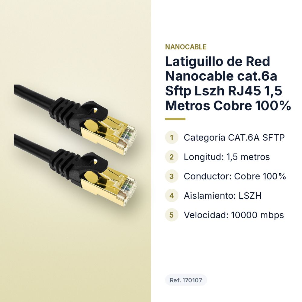 LATIGUILLO DE RED NANOCABLE CAT.6A SFTP LSZH RJ45 1,5 METROS COBRE 100% - características principales