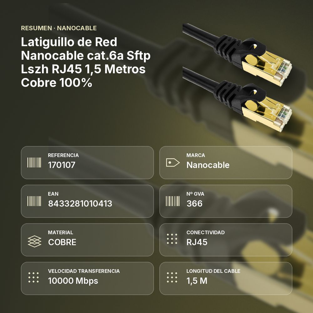 LATIGUILLO DE RED NANOCABLE CAT.6A SFTP LSZH RJ45 1,5 METROS COBRE 100% - resumen de atributos