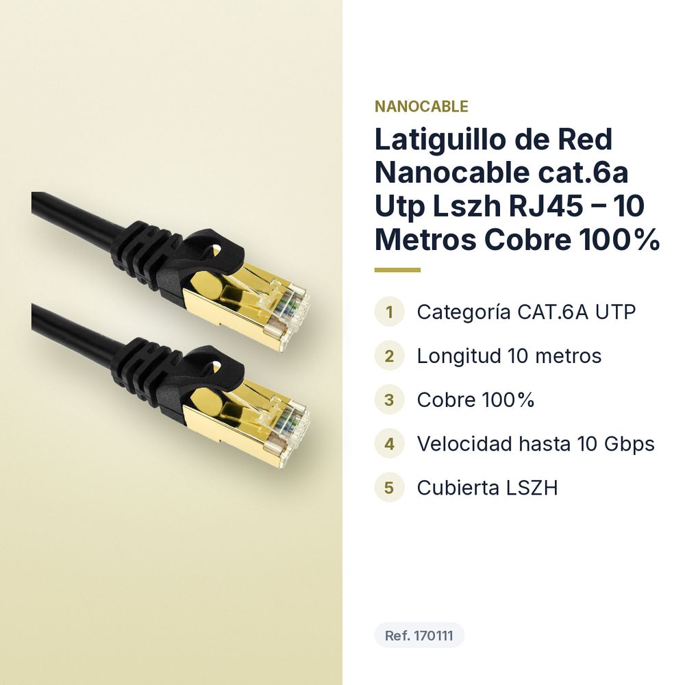 LATIGUILLO DE RED NANOCABLE CAT.6A UTP LSZH RJ45 – 10 METROS COBRE 100% - características principales