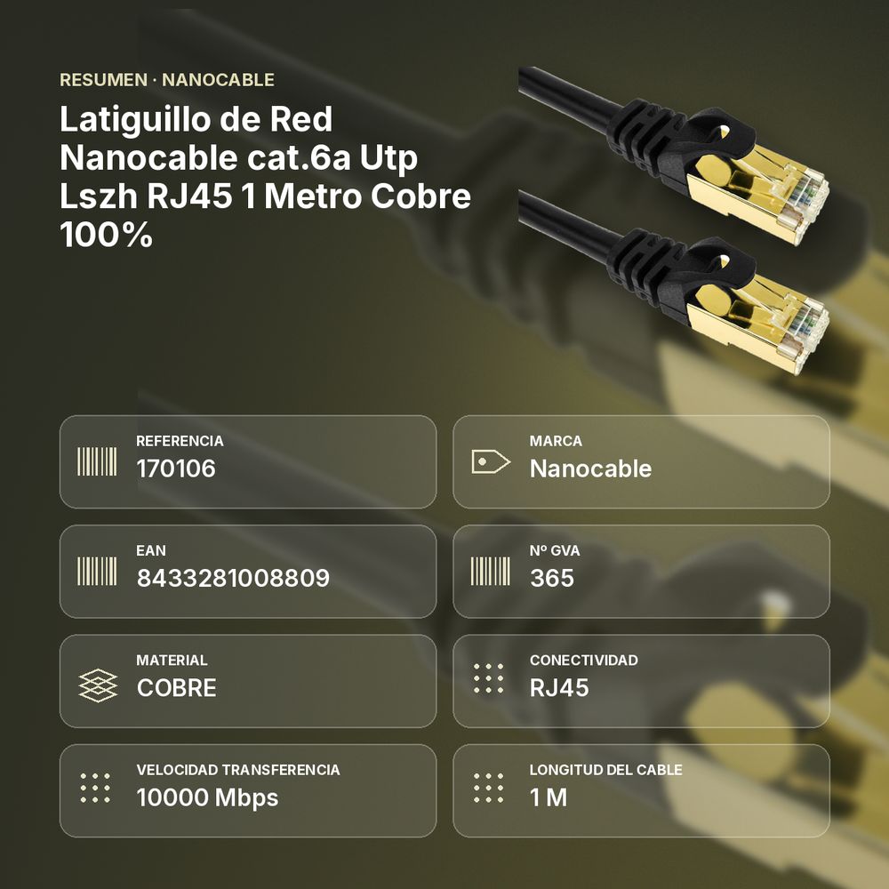 LATIGUILLO DE RED NANOCABLE CAT.6A UTP LSZH RJ45 1 METRO COBRE 100% - resumen de atributos