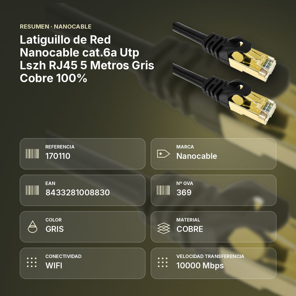 LATIGUILLO DE RED NANOCABLE CAT.6A UTP LSZH RJ45 5 METROS GRIS COBRE 100% - resumen de atributos