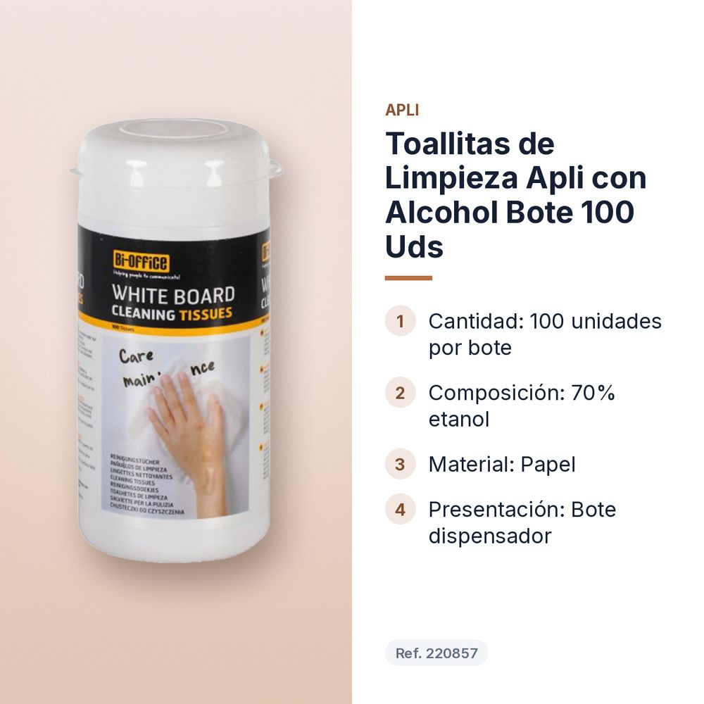 TOALLITAS DE LIMPIEZA APLI CON ALCOHOL BOTE 100 UDS - características principales
