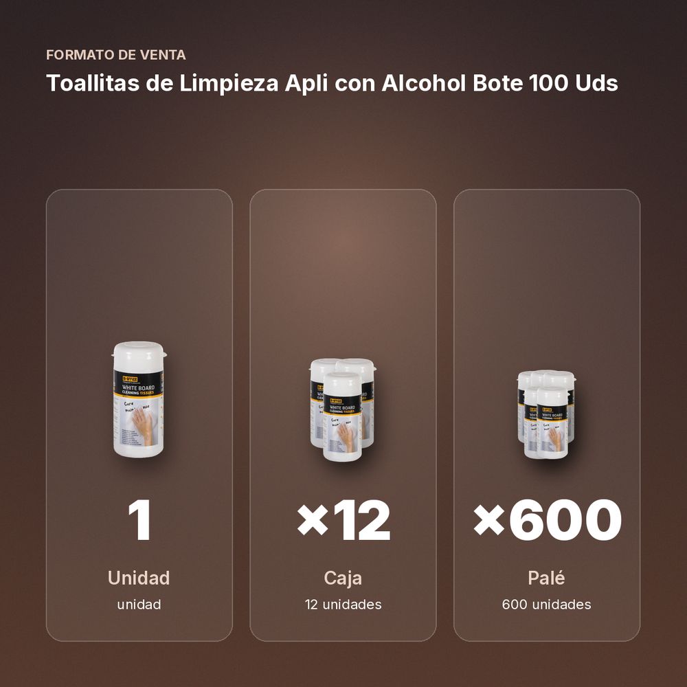TOALLITAS DE LIMPIEZA APLI CON ALCOHOL BOTE 100 UDS - formato de venta: caja de 12, palé de 600