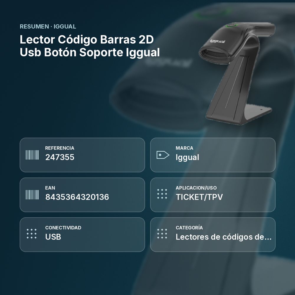 LECTOR CÓDIGO BARRAS 2D USB BOTÓN SOPORTE IGGUAL - resumen de atributos