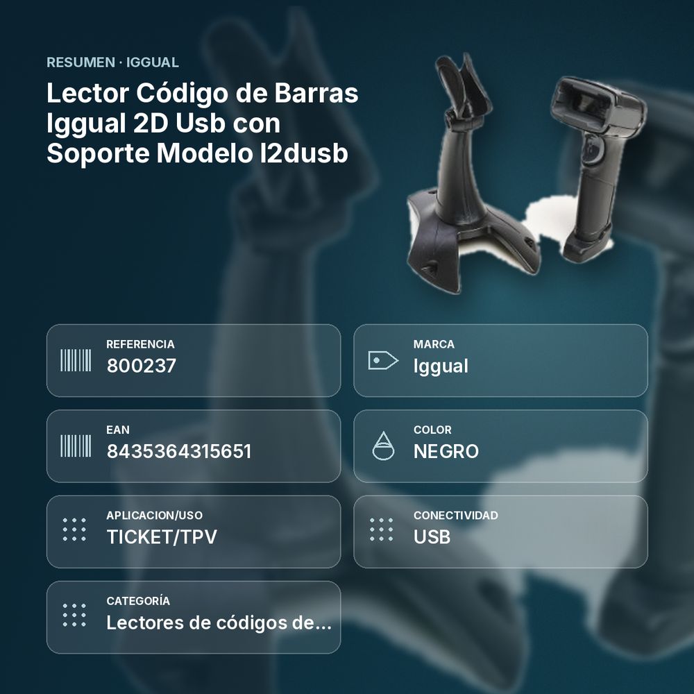 LECTOR CÓDIGO DE BARRAS IGGUAL 2D USB CON SOPORTE MODELO L2DUSB - resumen de atributos