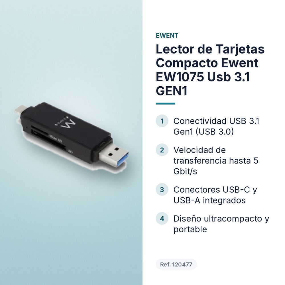 LECTOR DE TARJETAS COMPACTO EWENT EW1075 USB 3.1 GEN1 - características principales