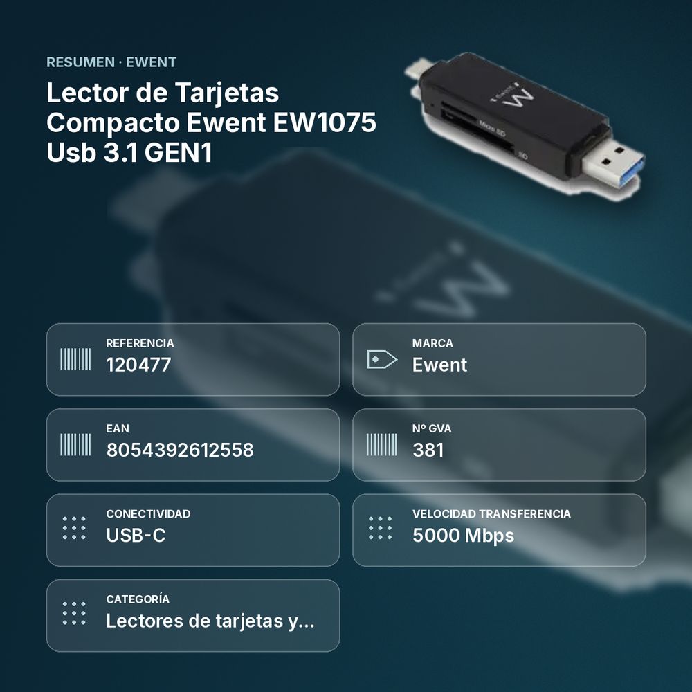 LECTOR DE TARJETAS COMPACTO EWENT EW1075 USB 3.1 GEN1 - resumen de atributos