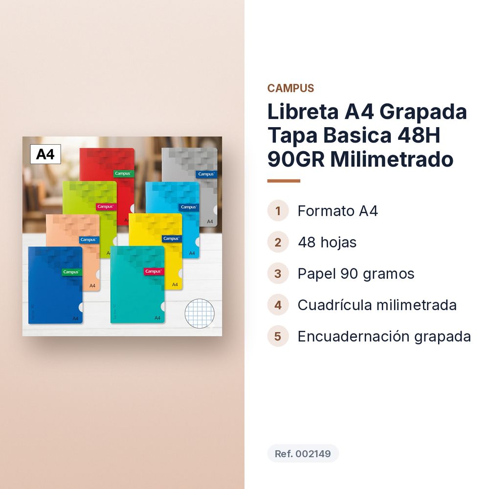 LIBRETA A4 GRAPADA TAPA BASICA 48H 90GR MILIMETRADO - características principales