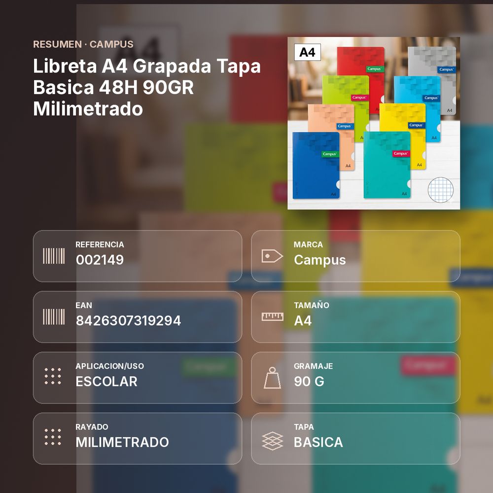 LIBRETA A4 GRAPADA TAPA BASICA 48H 90GR MILIMETRADO - resumen de atributos