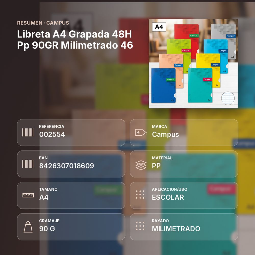 LIBRETA A4 GRAPADA 48H PP 90GR MILIMETRADO 46 - resumen de atributos