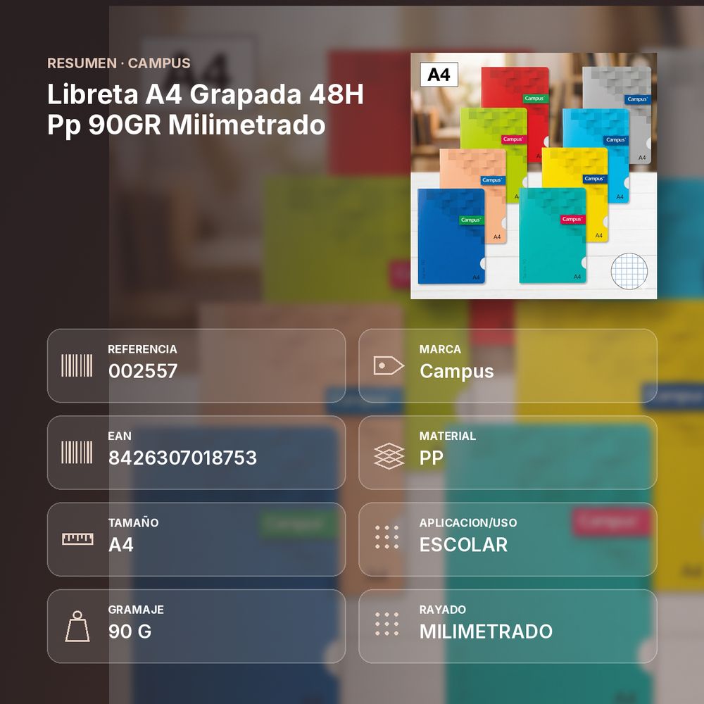 LIBRETA A4 GRAPADA 48H PP 90GR MILIMETRADO - resumen de atributos