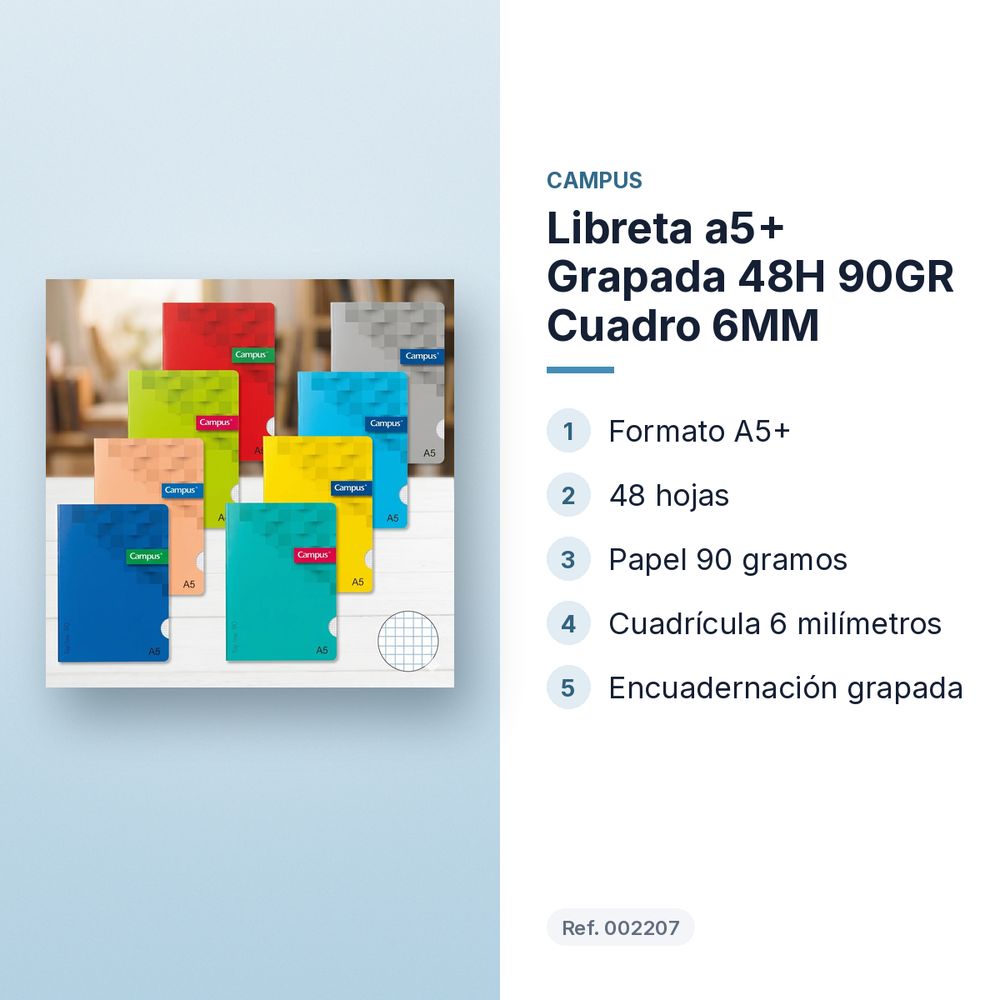 LIBRETA A5+ GRAPADA 48H 90GR CUADRO 6MM - características principales