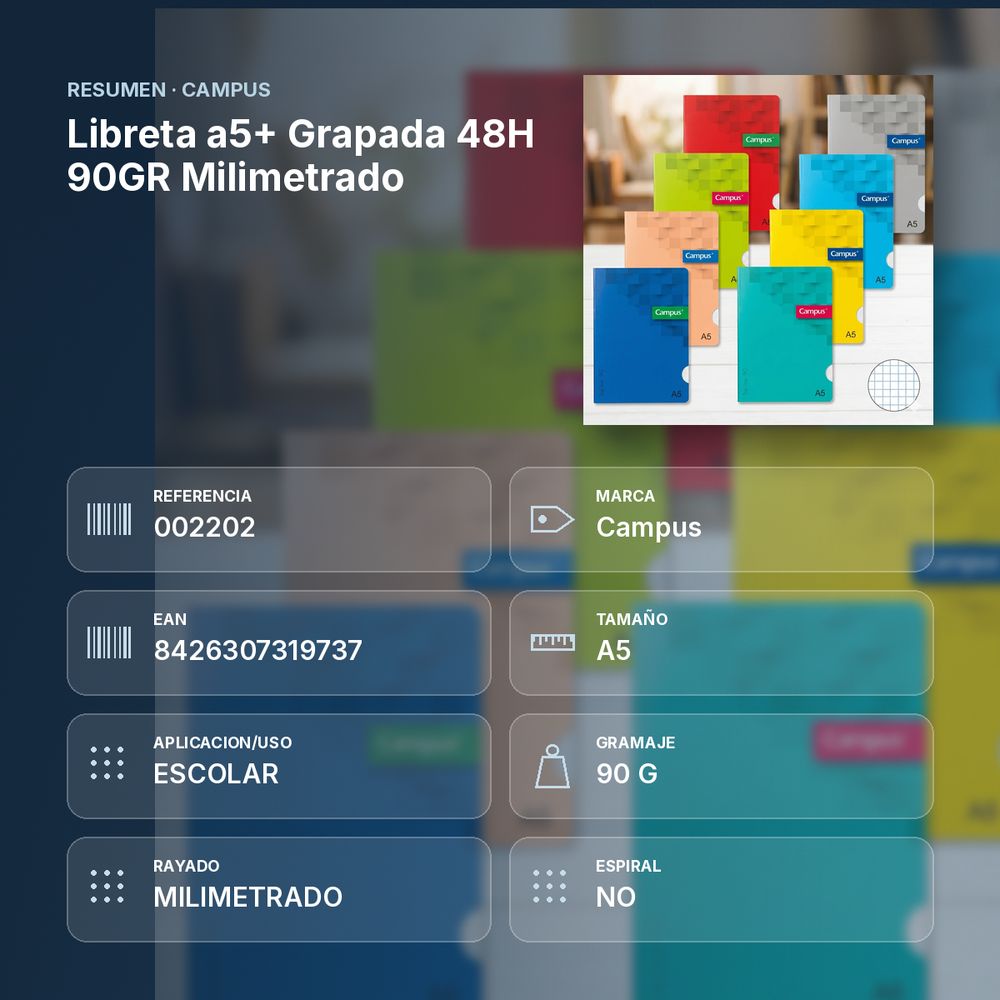 LIBRETA A5+ GRAPADA 48H 90GR MILIMETRADO - resumen de atributos