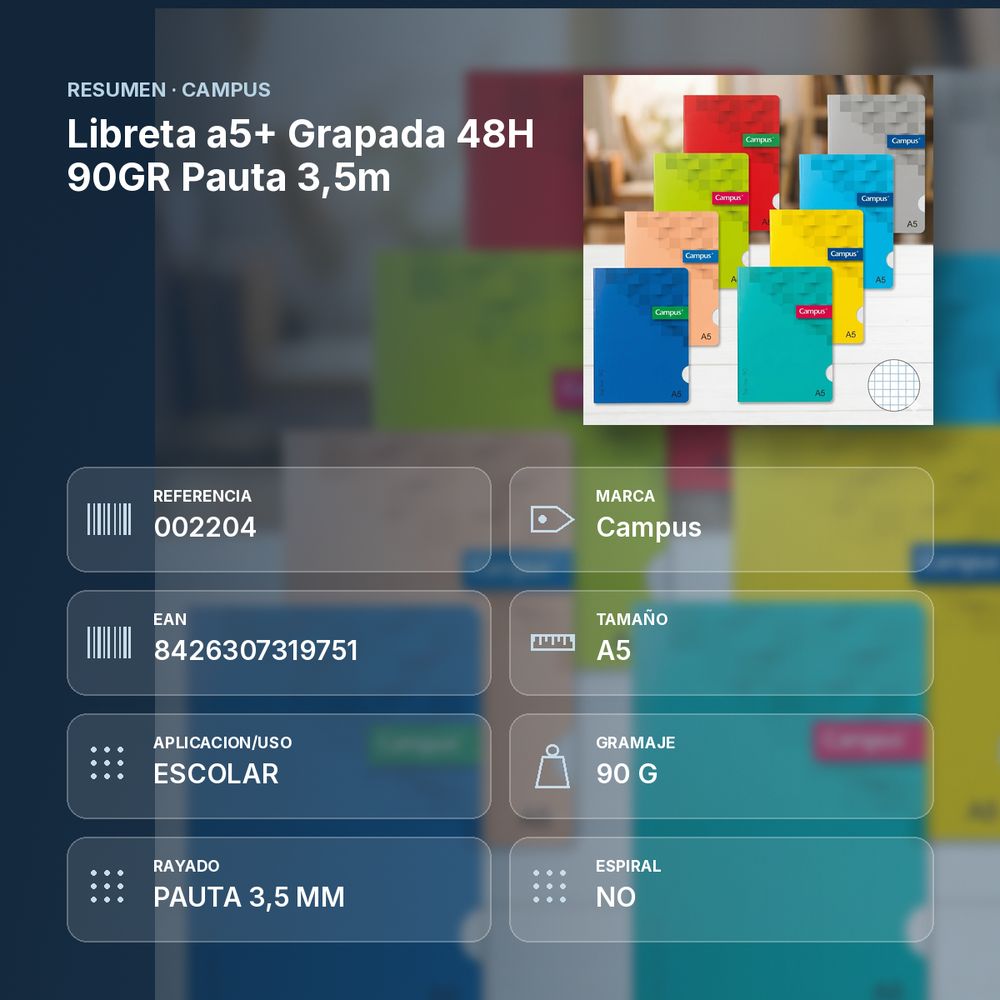 LIBRETA A5+ GRAPADA 48H 90GR PAUTA 3,5M - resumen de atributos