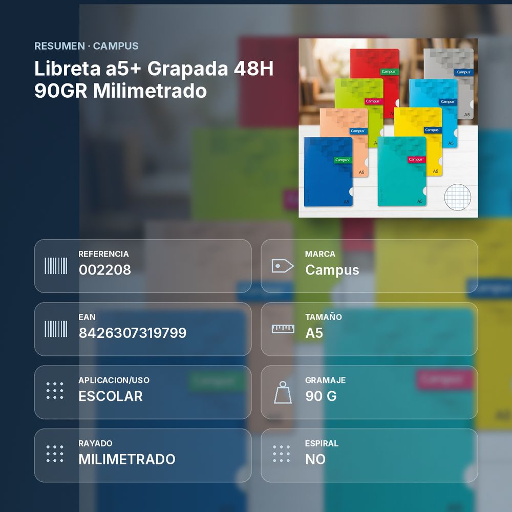 LIBRETA A5+ GRAPADA 48H 90GR MILIMETRADO - resumen de atributos