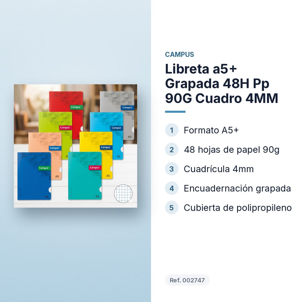 LIBRETA A5+ GRAPADA 48H PP 90G CUADRO 4MM - características principales