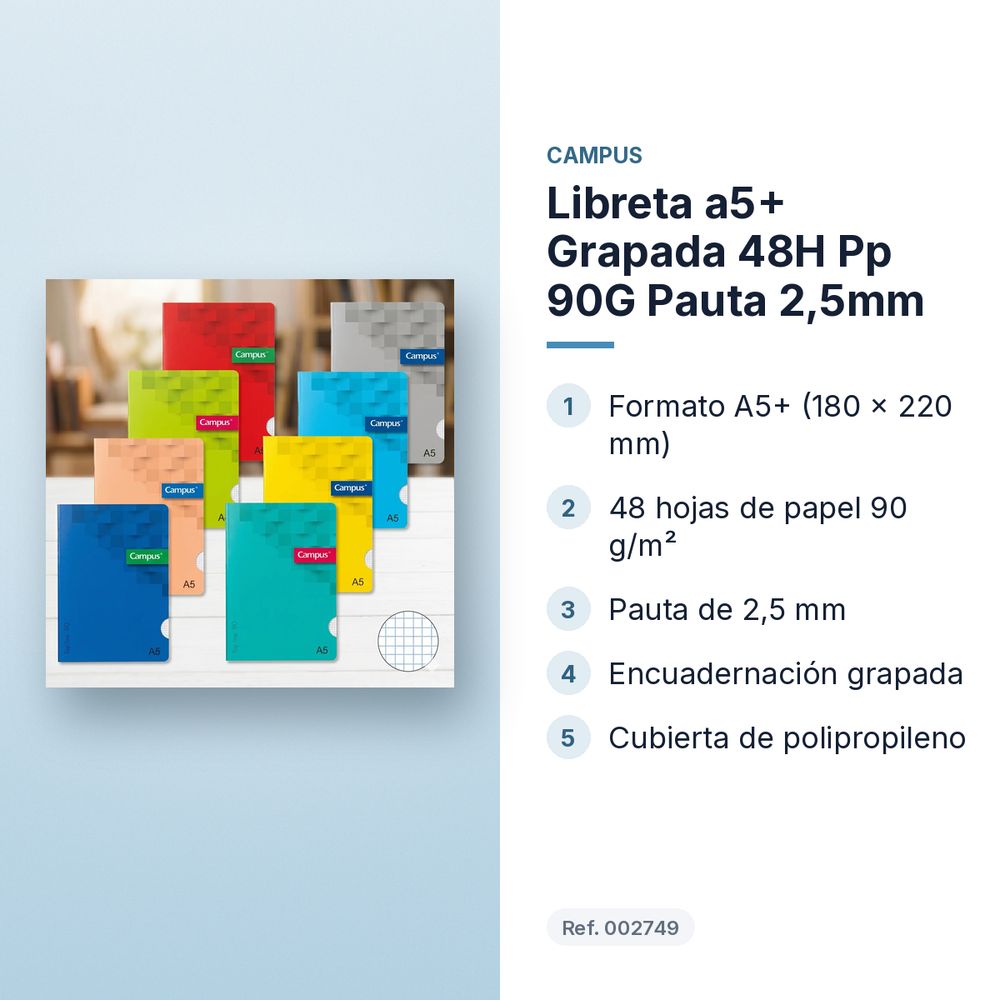 LIBRETA A5+ GRAPADA 48H PP 90G PAUTA 2,5MM - características principales