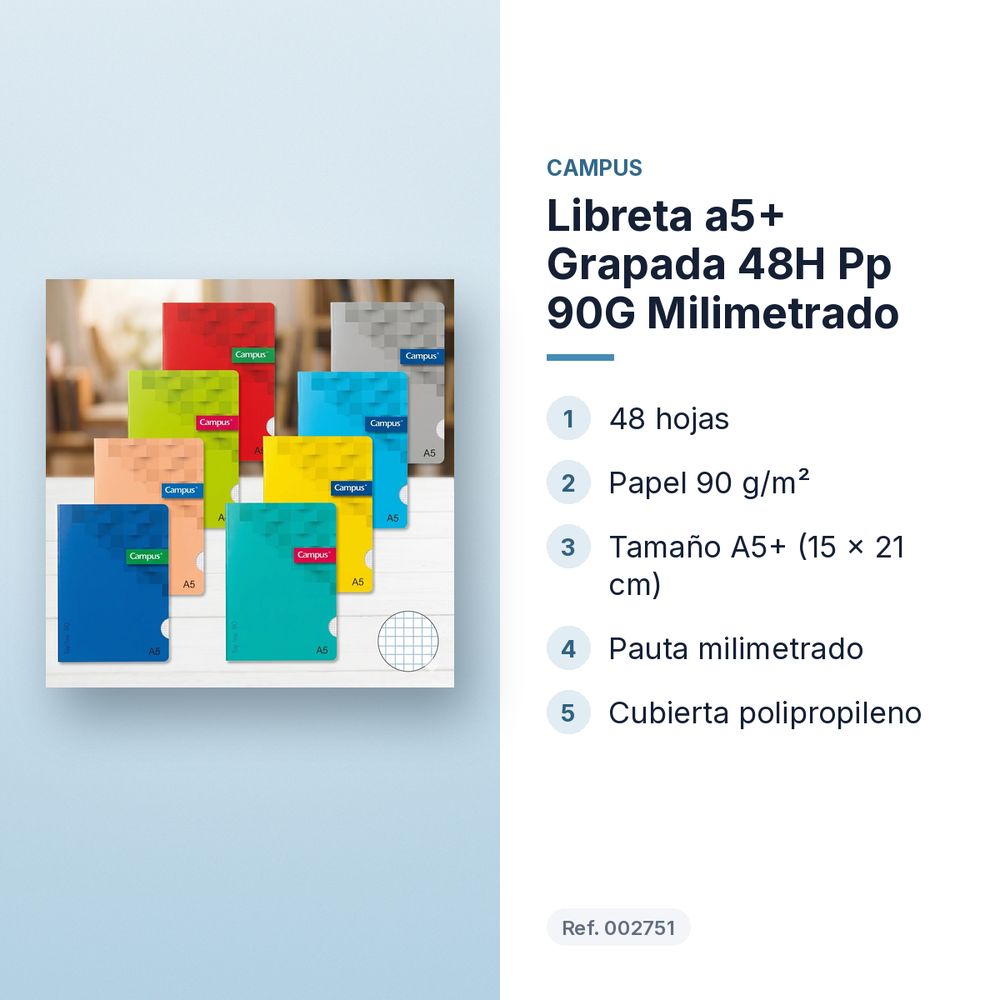 LIBRETA A5+ GRAPADA 48H PP 90G MILIMETRADO - características principales