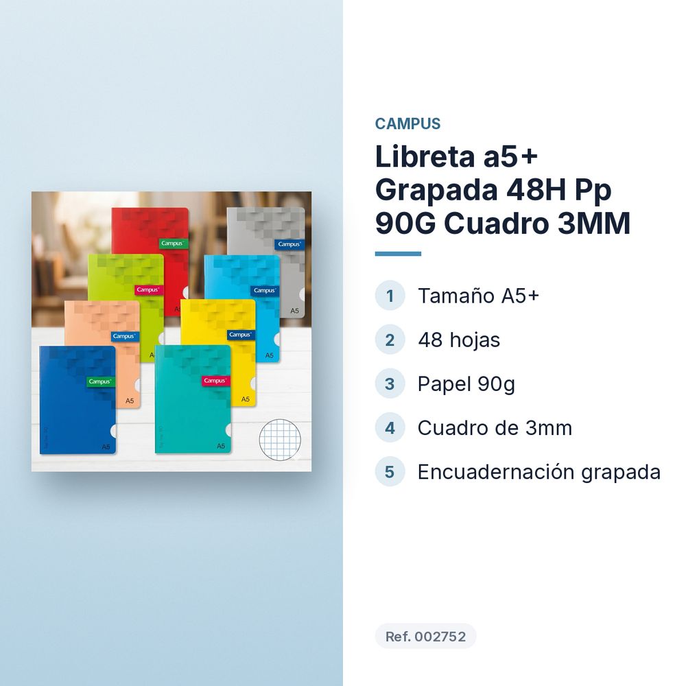 LIBRETA A5+ GRAPADA 48H PP 90G CUADRO 3MM - características principales