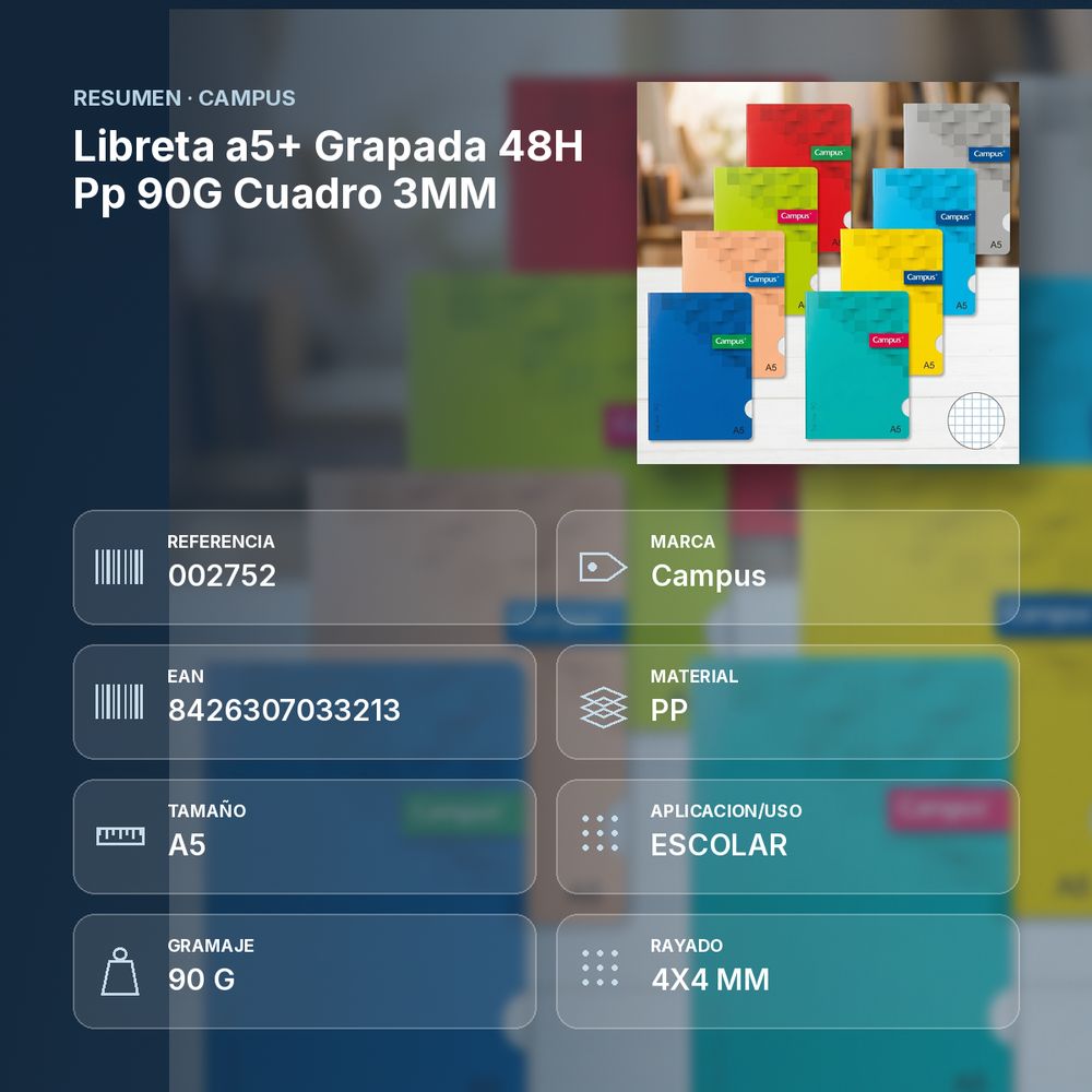 LIBRETA A5+ GRAPADA 48H PP 90G CUADRO 3MM - resumen de atributos