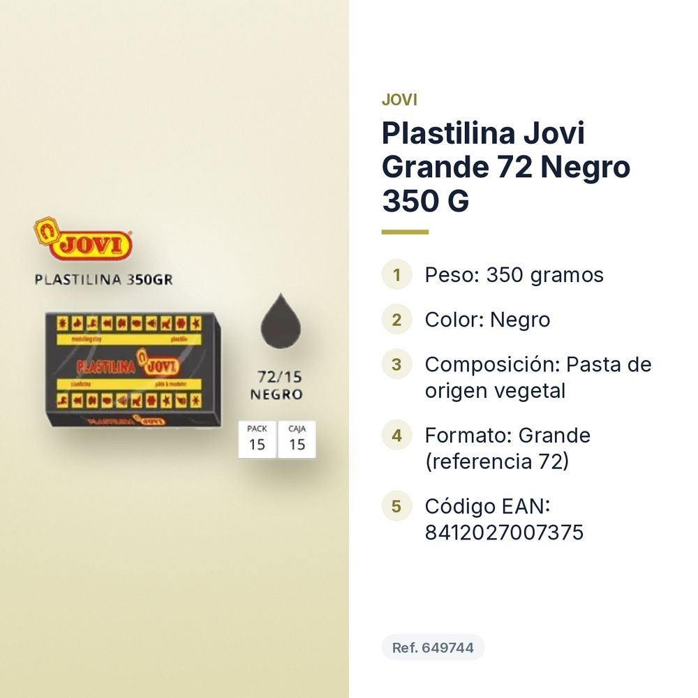 PLASTILINA JOVI GRANDE 72 NEGRO 350 G - características principales