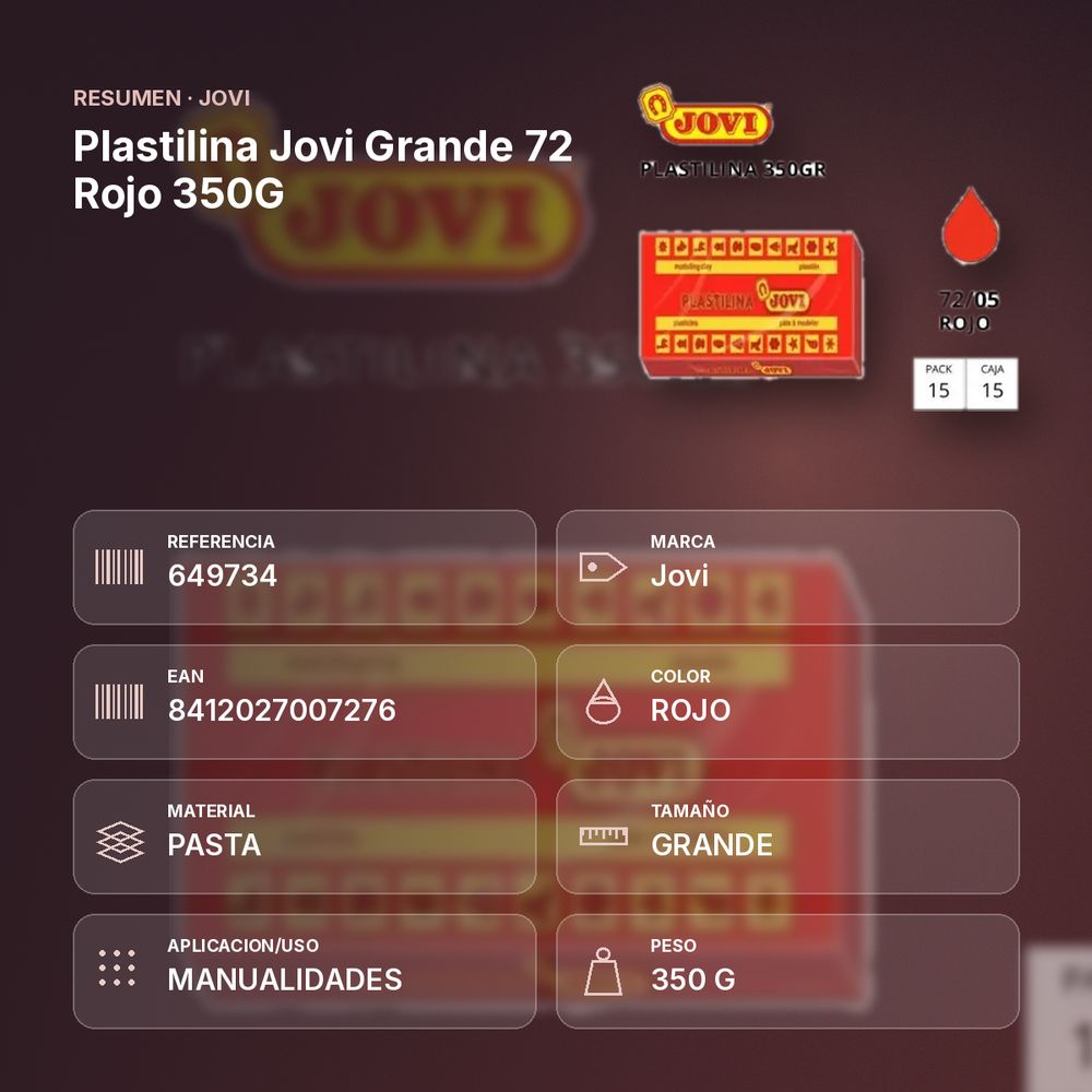 PLASTILINA JOVI GRANDE 72 ROJO 350G - resumen de atributos
