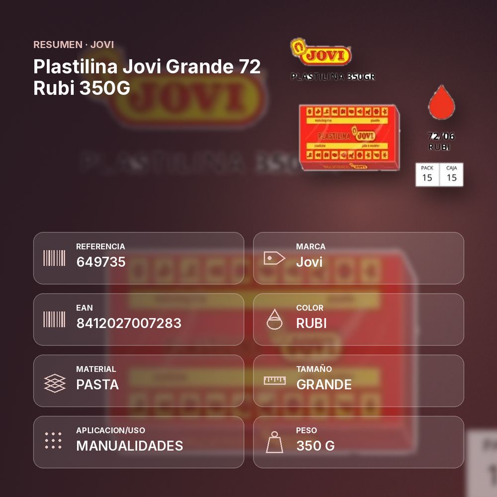PLASTILINA JOVI GRANDE 72 RUBI 350G - resumen de atributos