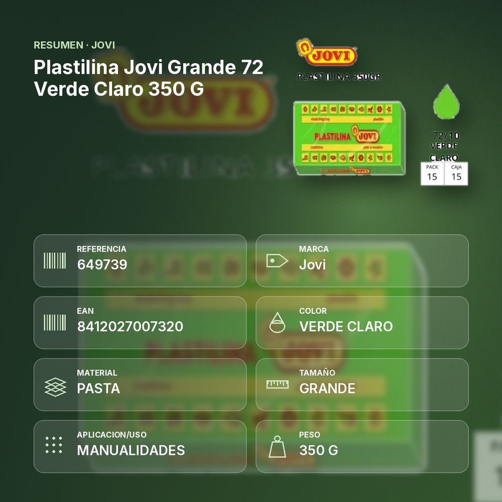 PLASTILINA JOVI GRANDE 72 VERDE CLARO 350 G - resumen de atributos