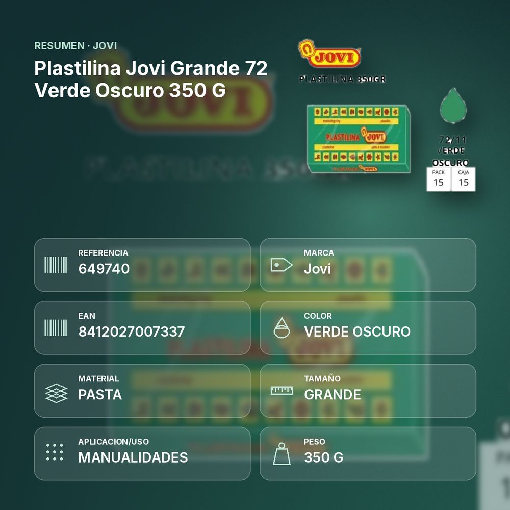 PLASTILINA JOVI GRANDE 72 VERDE OSCURO 350 G - resumen de atributos