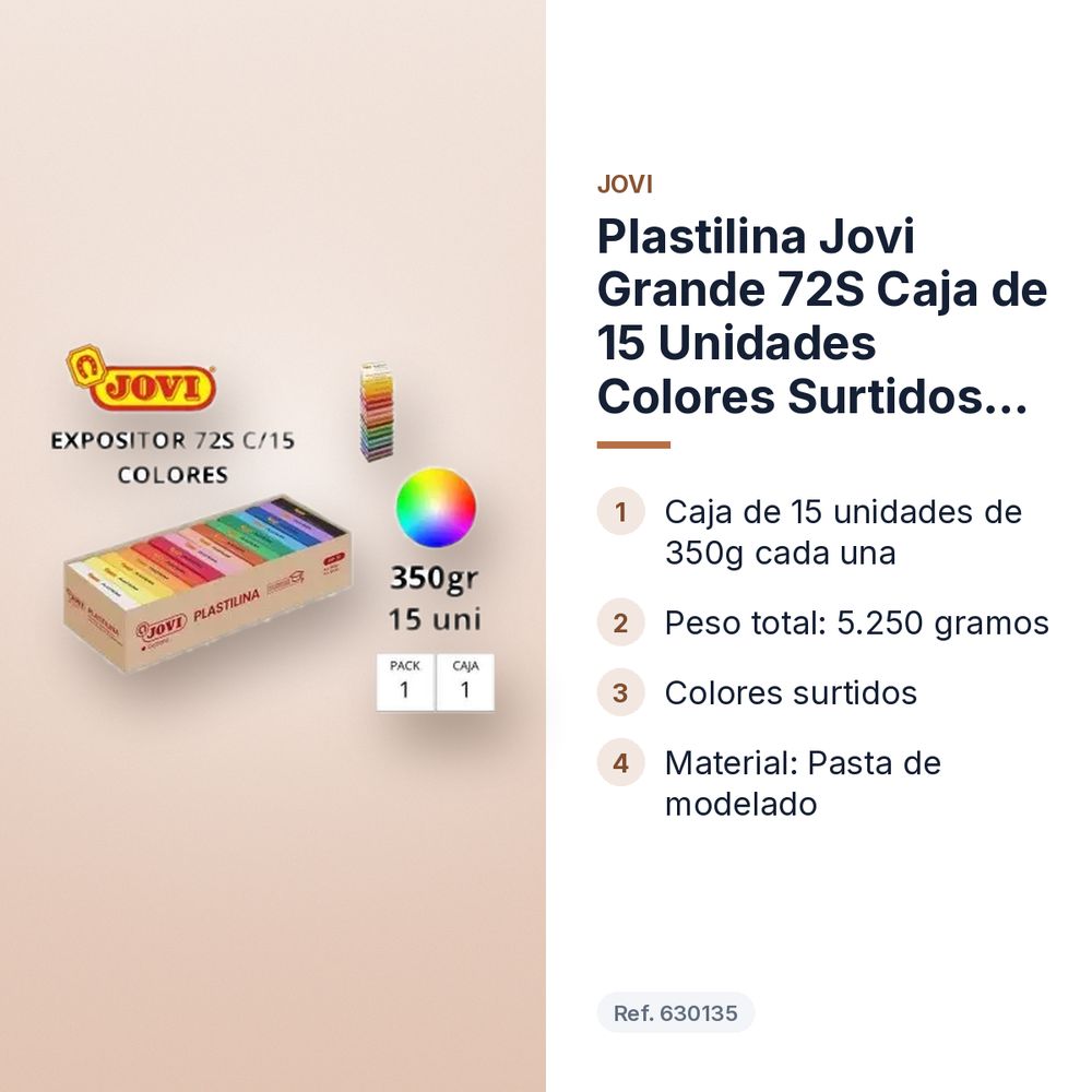 PLASTILINA JOVI GRANDE 72S CAJA DE 15 UNIDADES COLORES SURTIDOS 350G - características principales