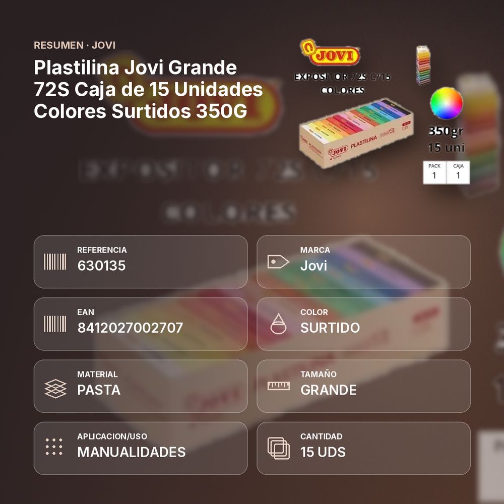 PLASTILINA JOVI GRANDE 72S CAJA DE 15 UNIDADES COLORES SURTIDOS 350G - resumen de atributos