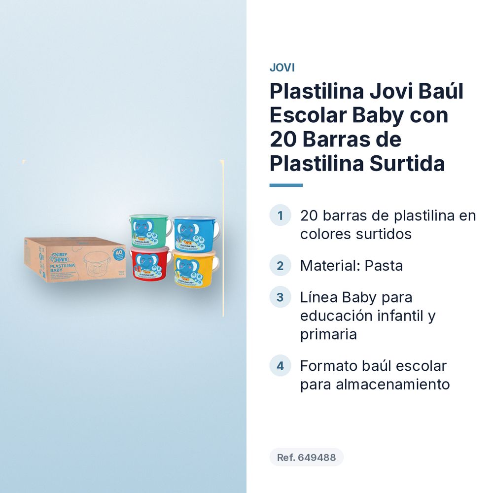 PLASTILINA JOVI BAÚL ESCOLAR  BABY CON 20 BARRAS DE PLASTILINA SURTIDA - características principales