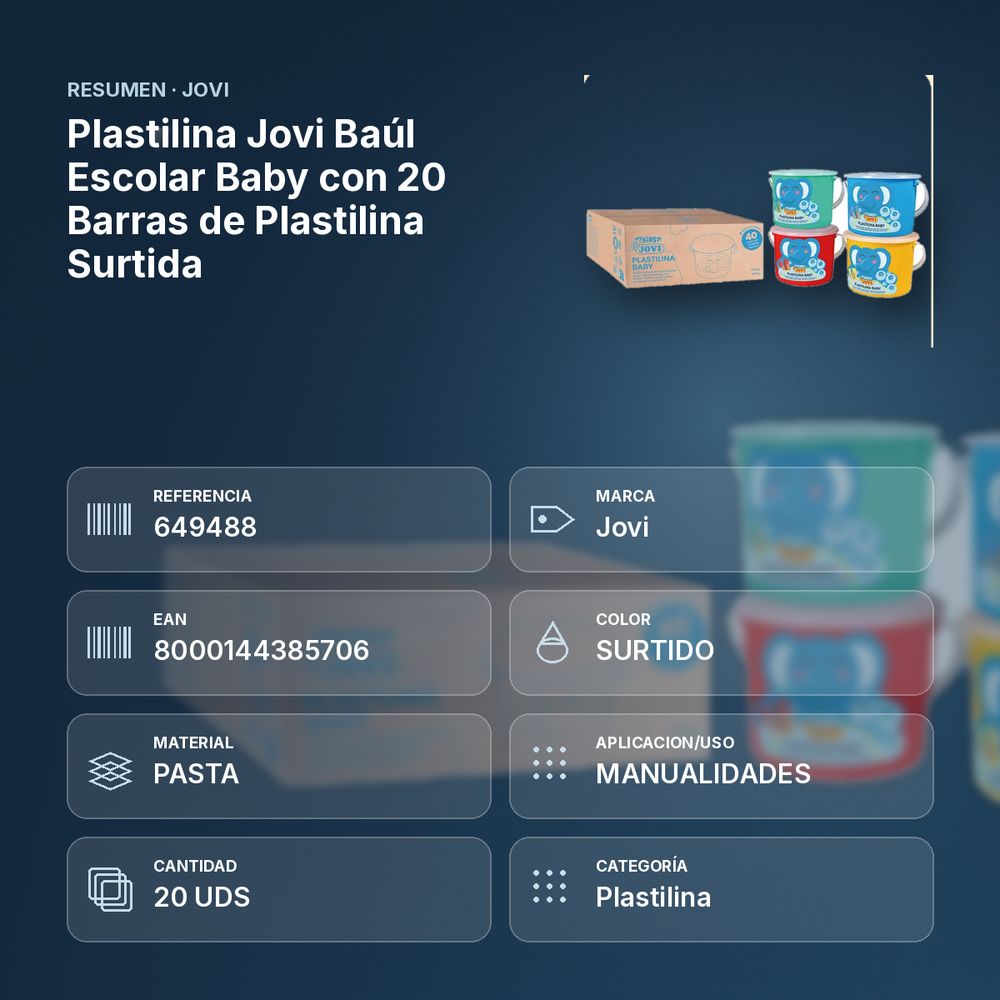 PLASTILINA JOVI BAÚL ESCOLAR  BABY CON 20 BARRAS DE PLASTILINA SURTIDA - resumen de atributos