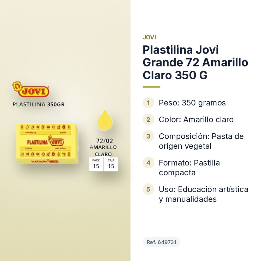 PLASTILINA JOVI GRANDE 72 AMARILLO CLARO 350 G - características principales