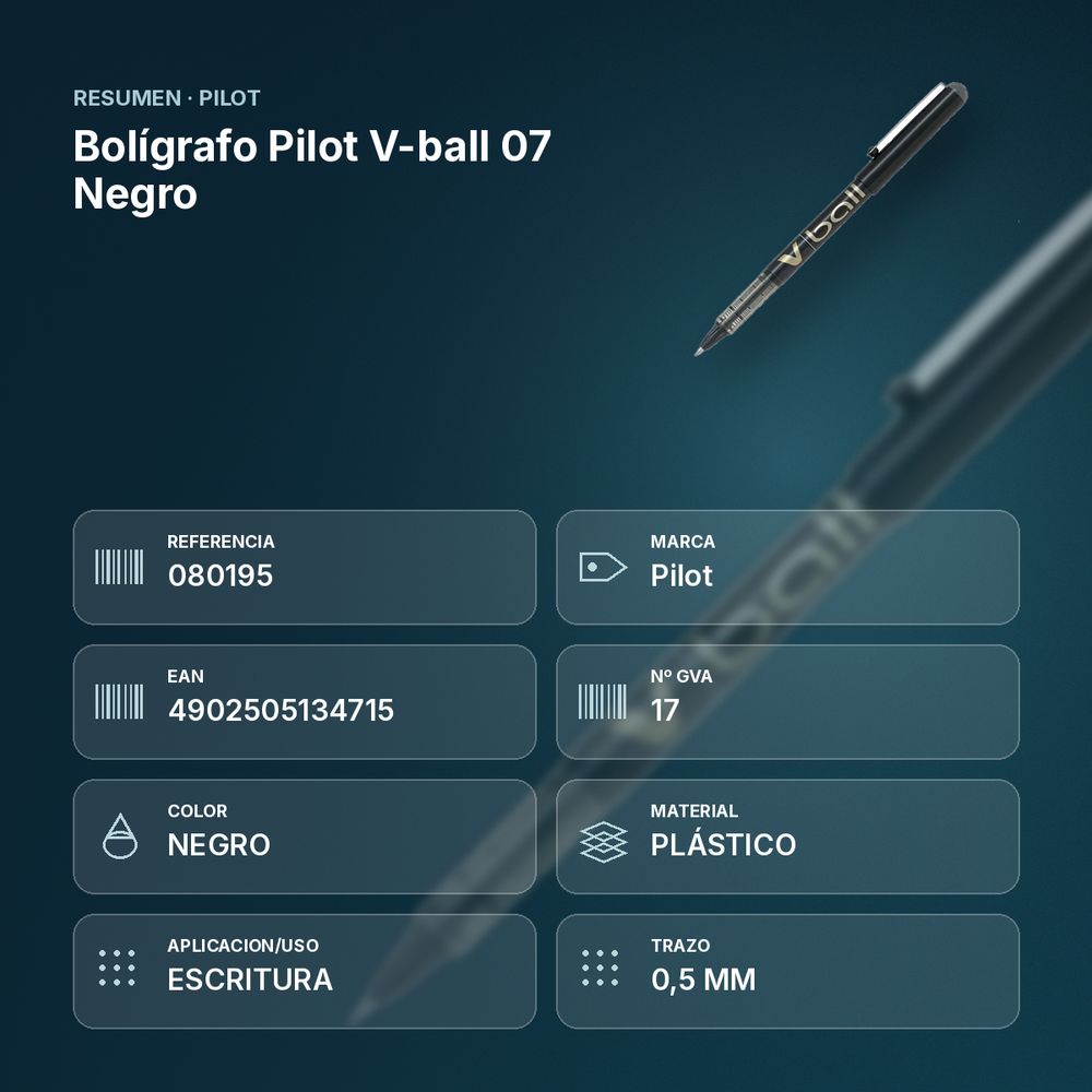 BOLÍGRAFO PILOT V-BALL 07 NEGRO - resumen de atributos