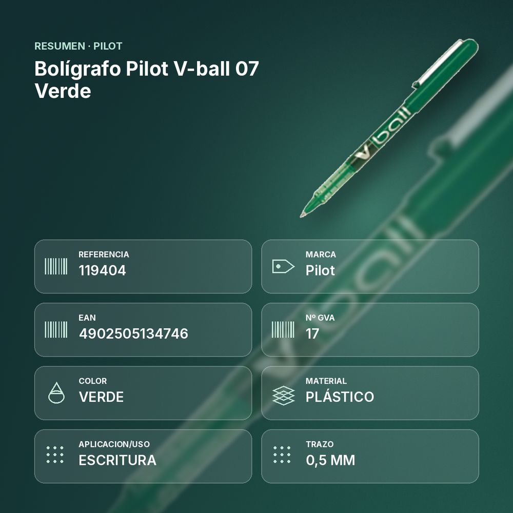 BOLÍGRAFO PILOT V-BALL 07 VERDE - resumen de atributos