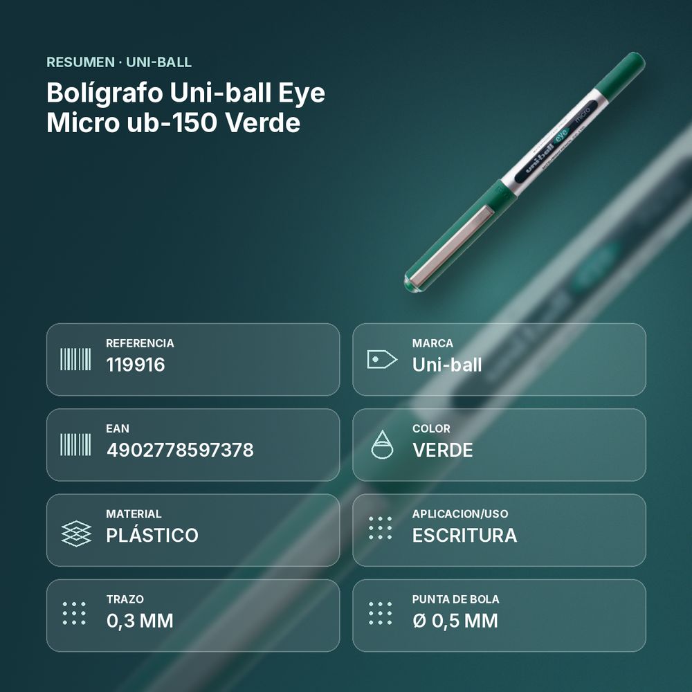 BOLÍGRAFO UNI-BALL EYE MICRO UB-150 VERDE - resumen de atributos