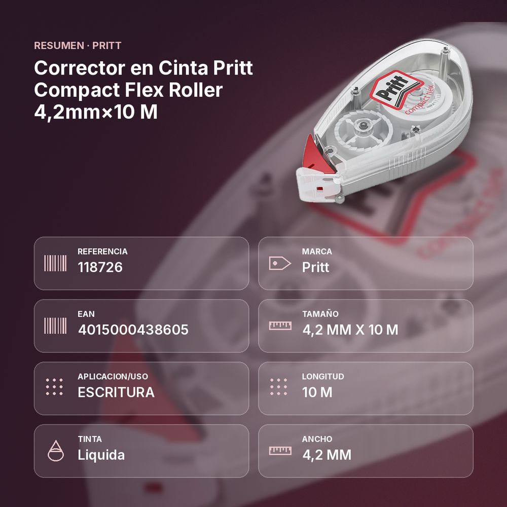 CORRECTOR EN CINTA PRITT COMPACT FLEX ROLLER 4,2MM×10 M - resumen de atributos