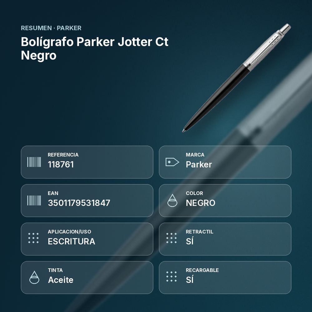 BOLÍGRAFO PARKER JOTTER CT NEGRO - resumen de atributos