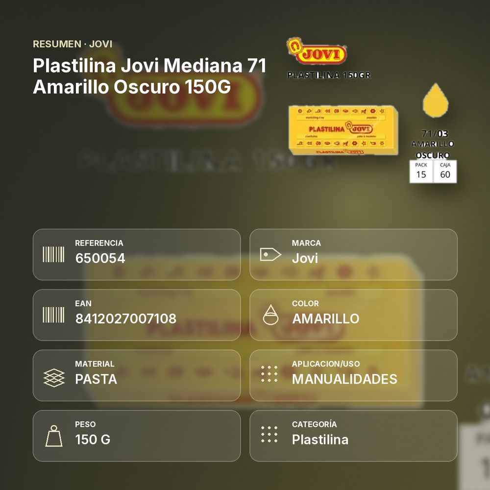 PLASTILINA JOVI MEDIANA 71 AMARILLO OSCURO 150G - resumen de atributos