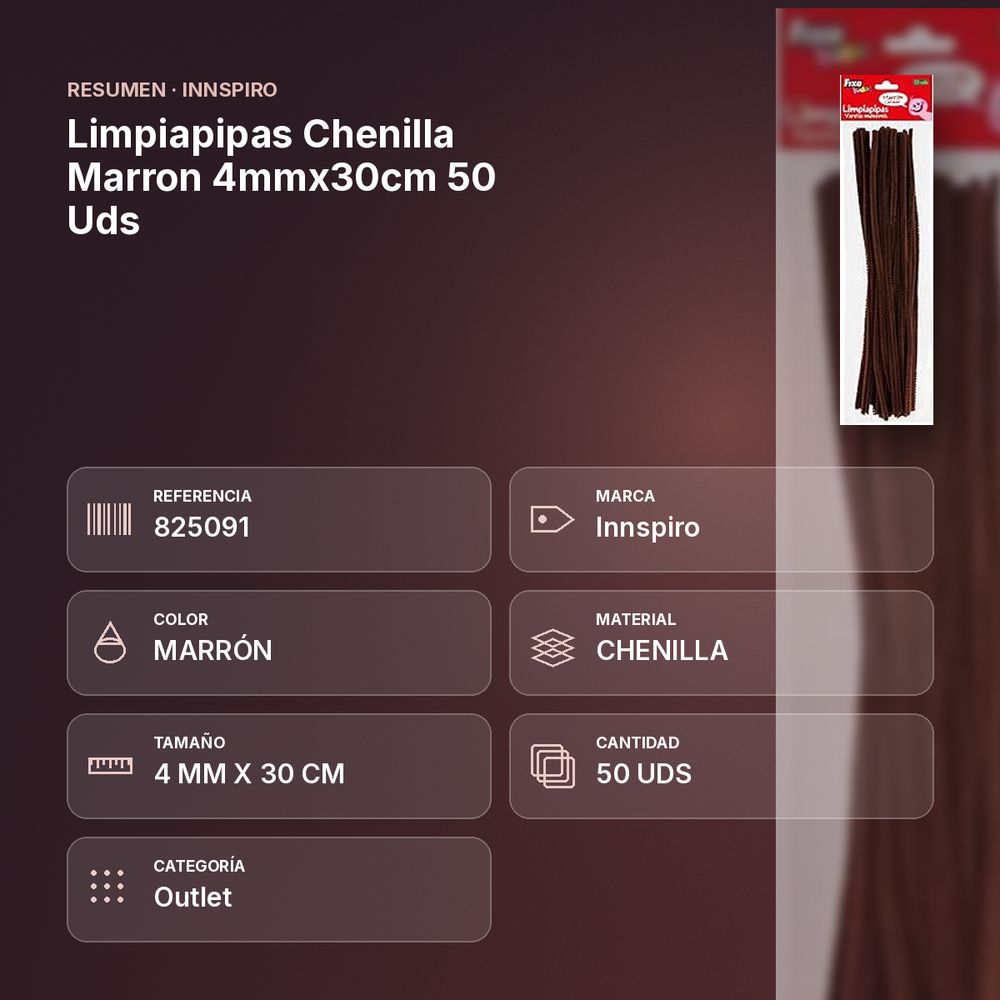 LIMPIAPIPAS CHENILLA MARRON 4MMX30CM 50 UDS - resumen de atributos